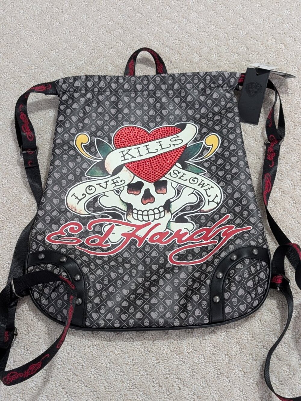 NWT Ed Hardy Backpack Rhinestone Love Kills Slowly Skulls Hearts Y2K